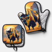 Sunset Mountain Bison Art Design Ovenwant & Pannenlap Set (Voorkant / Achterkant)