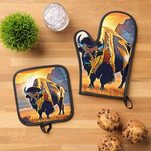 Sunset Mountain Bison Art Design Ovenwant & Pannenlap Set (Top down)