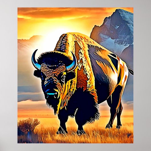Sunset Mountain Bison Art Design Poster (Voorkant)