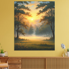 Sunset Mountain Forest landschap met twee bomen Canvas Afdruk