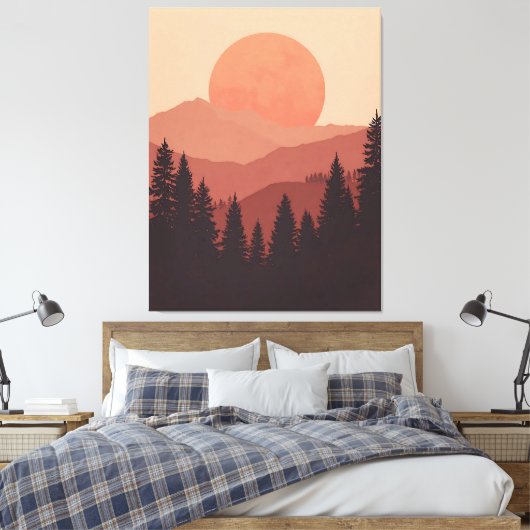 Sunset Mountain Forest Nature Illustration Canvas Afdruk (Insitu (Slaapkamer))