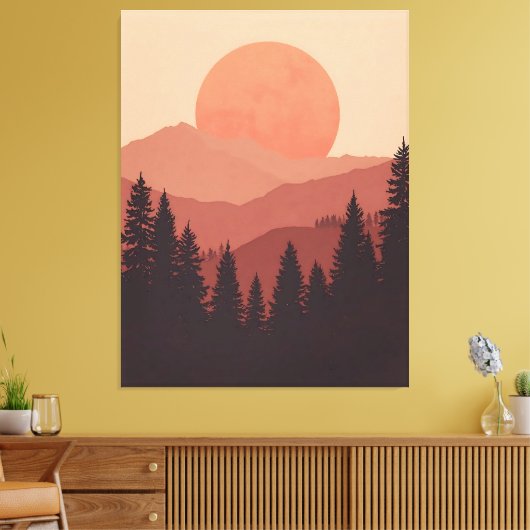 Sunset Mountain Forest Nature Illustration Canvas Afdruk (Insitu (Woonkamer))