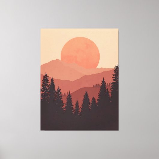 Sunset Mountain Forest Nature Illustration Canvas Afdruk (Voorkant)