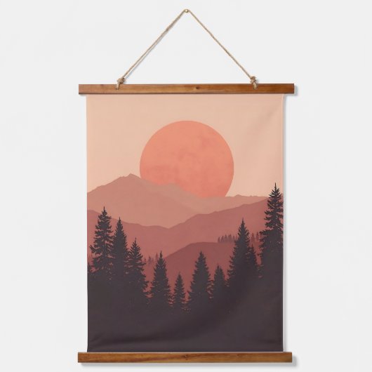 Sunset Mountain Forest Nature Illustration Hangend Wandkleed (Voorkant)