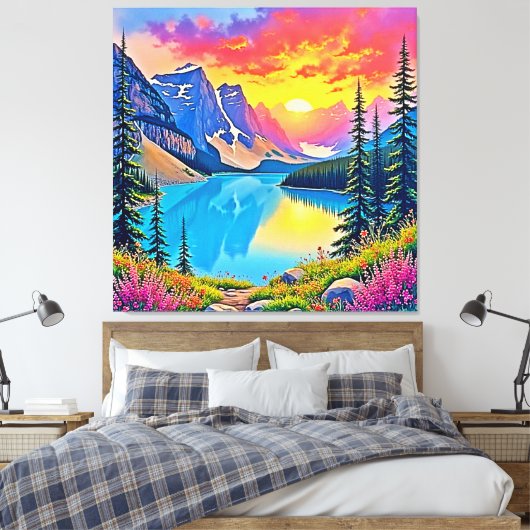Sunset Mountain Lake Majesteit Kunst Canvas Afdruk (Insitu (Slaapkamer))