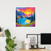 Sunset Mountain Lake Majestueuze Kunst Poster (Thuiskantoor)