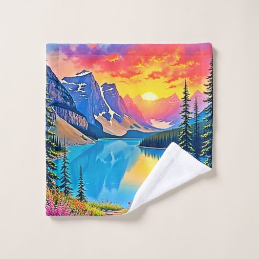 Sunset Mountain Lake Majesty Art Bad Handdoek (Wasdoekje)