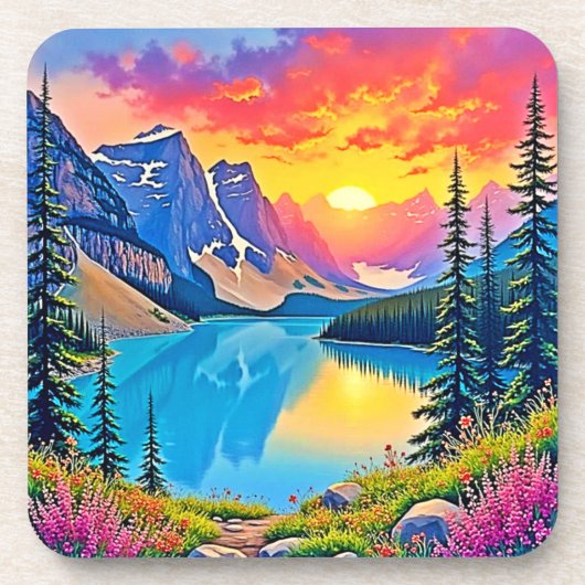 Sunset Mountain Lake Majesty Art Bier Onderzetter (Voorkant)
