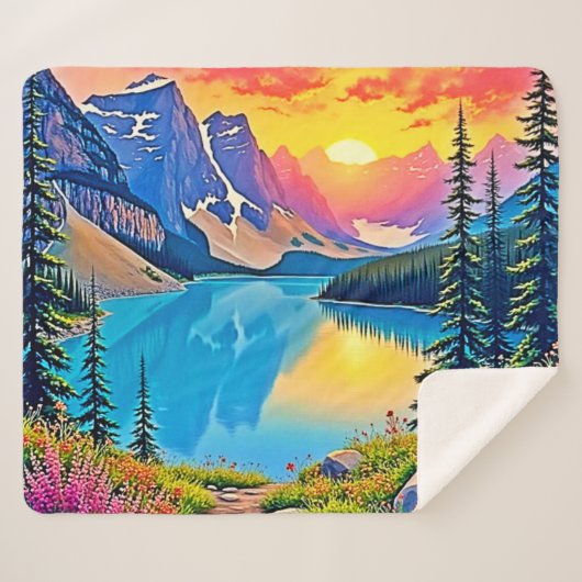 Sunset Mountain Lake Majesty Art Sherpa Deken (Voorkant (horizontaal))