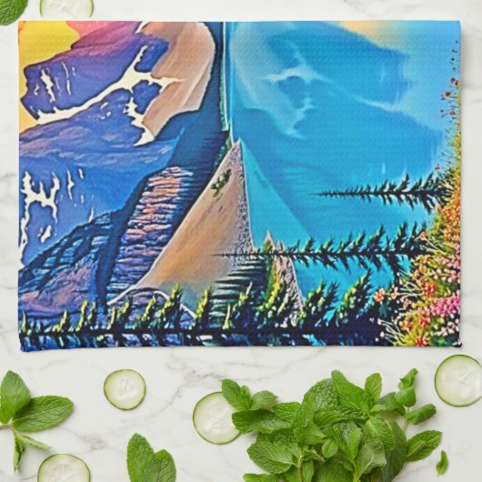 Sunset Mountain Lake Majesty Art Theedoek (Gevouwen)