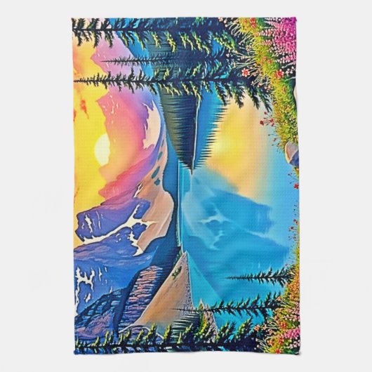 Sunset Mountain Lake Majesty Art Theedoek (Verticaal)