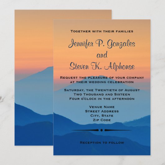 Sunset Mountain Powder Blue Wedding Kaart (Voorkant / Achterkant)