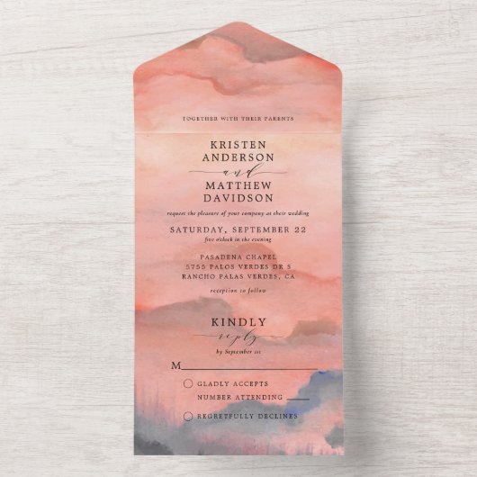 Sunset Mountain Waterverf Bruiloft All In One Uitnodiging (Binnen)