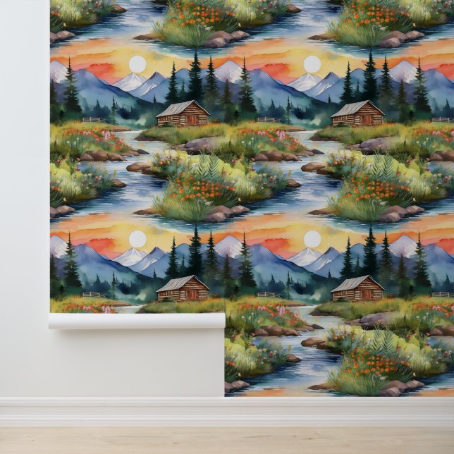 Sunset Mountains Forest Woodland Pine Trees Creek Behang (Applicatie)