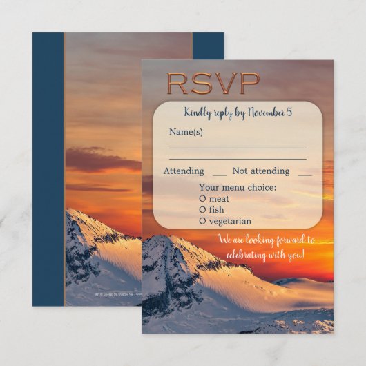 Sunset Mountains Winter Wedding Menu RSVP-kaart Kaart (Voorkant / Achterkant)