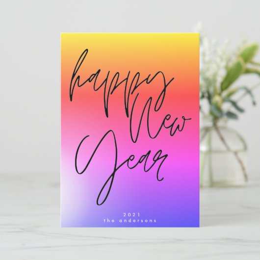 Sunset New Year Vold Gradient Rainbow Happy Photo Feestdagenkaart (Staand voorkant)