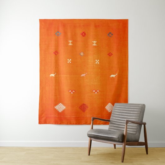Sunset Oasis: Oranje erfgoed Boho Marokkaanse kuns Wandkleed (In situ)