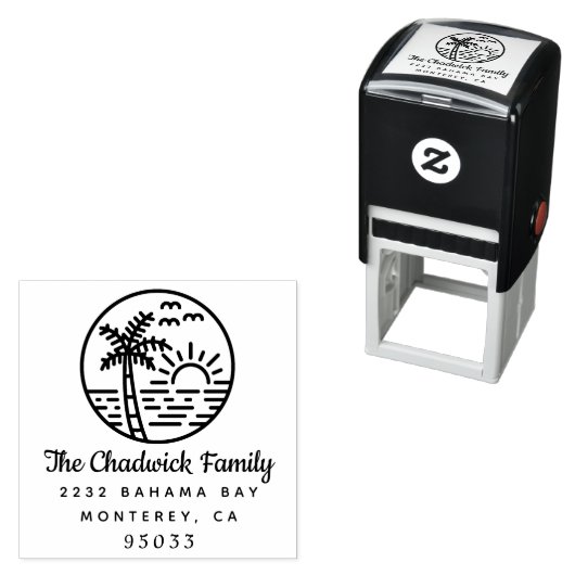 Sunset Ocean Palm Tree Script Familienaam Adres Zelfinktende Stempel (In situ)
