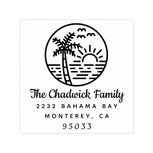 Sunset Ocean Palm Tree Script Familienaam Adres Zelfinktende Stempel (Design)