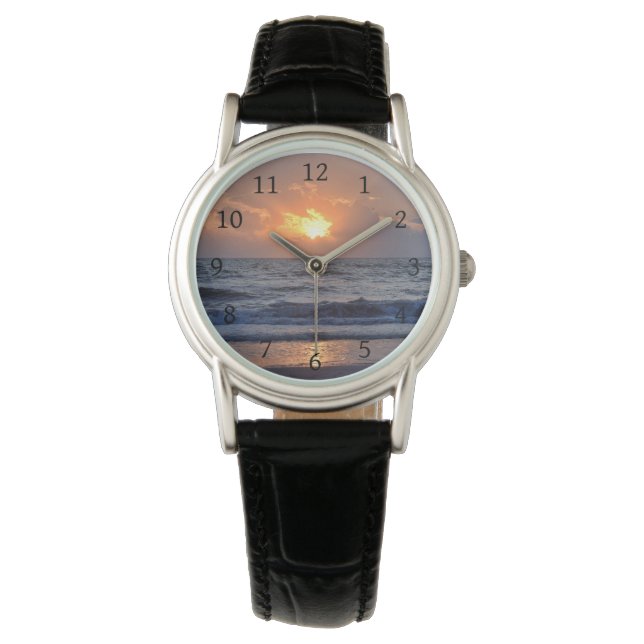 Sunset Ocean Sea Beach Orange Horloge (Voorkant)