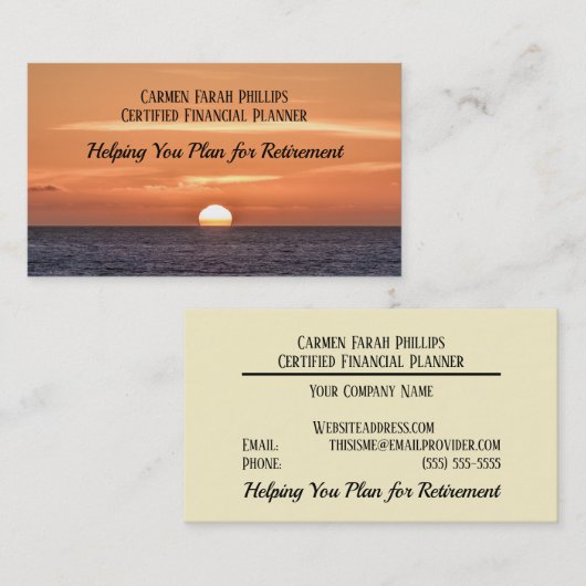 Sunset Ocean Water Sun Oranje Pensioen Sjabloon Visitekaartje (Voorkant / Achterkant)