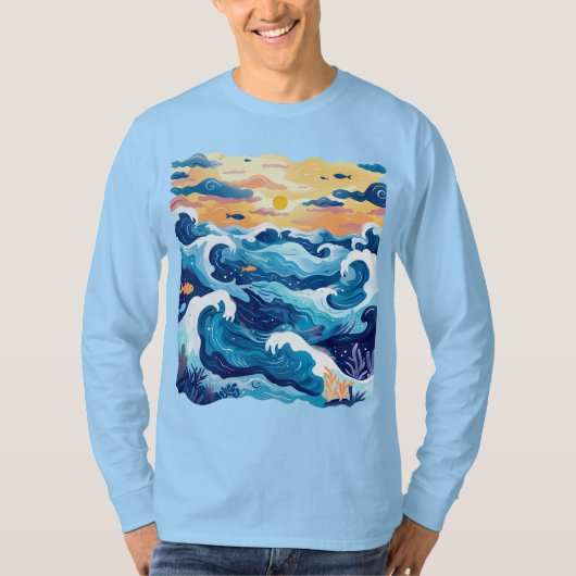 Sunset Ocean Waves T-Shirt – Artistic Sea and Sky (Voorkant)