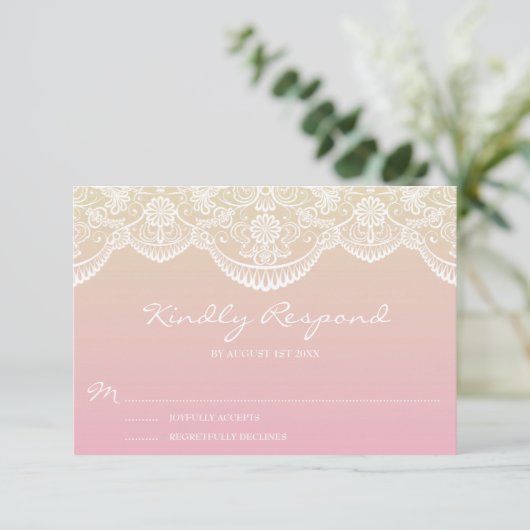 Sunset Ombre Lace Pattern Wedding RSVP Kaartje (Staand voorkant)