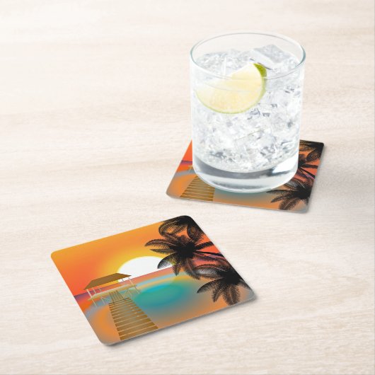 Sunset on Beach with Palm Trees Kartonnen Onderzetters (Insitu)