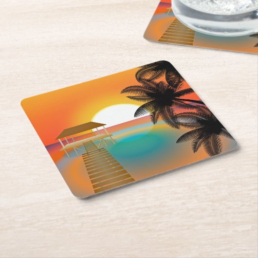 Sunset on Beach with Palm Trees Kartonnen Onderzetters (Schuin)