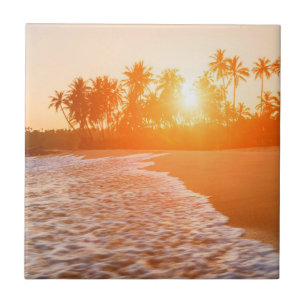 Sunset on the Beach with Coconut Palms   Sri Lanka Tegeltje