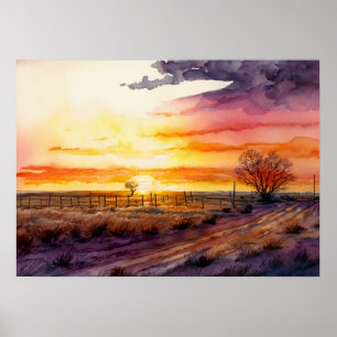 Sunset on the Prairie Waterverf Poster