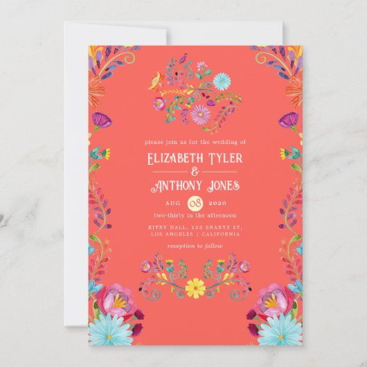 Sunset Orange/Cream Floral Mexican Fiesta Wedding Kaart (Voorkant)