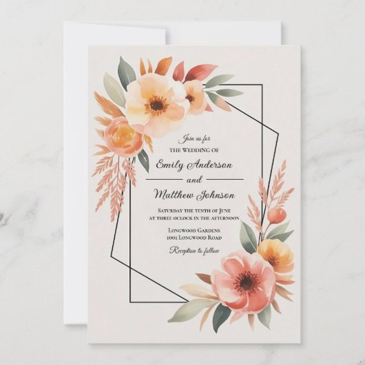 Sunset Orange Floral Frame Wedding Invitation Kaart (Voorkant)