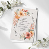 Sunset Orange Floral Frame Wedding Invitation Kaart