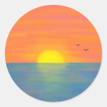 Sunset Oranje Pink Yellow Blue Ocean Painting