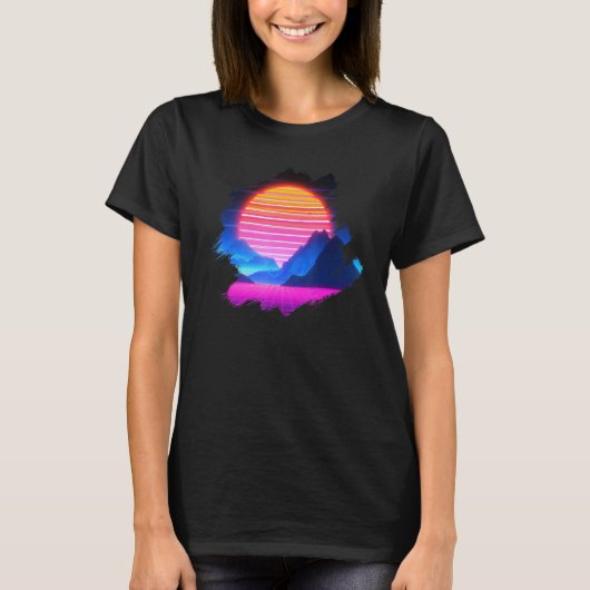 Sunset Over Canyon en Grid Mountains Synthwave La T-shirt (Voorkant)