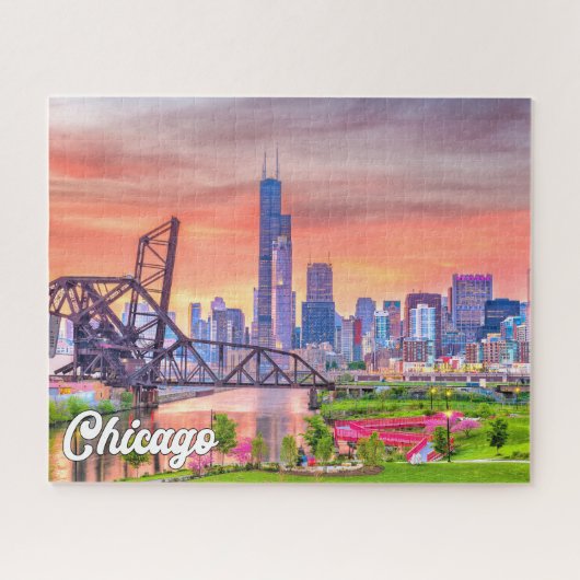 Sunset Over Chicago, Illinois, Verenigde Staten Legpuzzel (Horizontaal)
