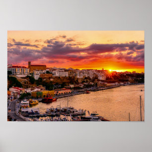 Sunset over de haven van Mahon - Menorca, Spanje Poster