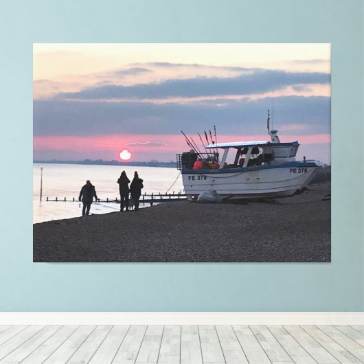 Sunset Over Hythe Bay Kent met Vissende boten Canvas Afdruk (Insitu (Houten vloer))