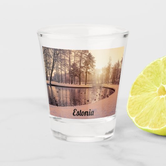 Sunset over park met een klein vorstmeer shot glas (Voorkant)