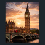 Sunset Over the Iconic London Clocktower Poster<br><div class="desc">A warm and iconic London scene captured at golden hour,  with the clocktower glowing under the sunset and a red bus crossing the bridge. This artwork highlights the magic of London’s urban landscape,  blending historic architecture with the rhythm of modern city life.</div>