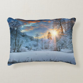 Sunset Over Winter Forest Lake Decoratief Kussen