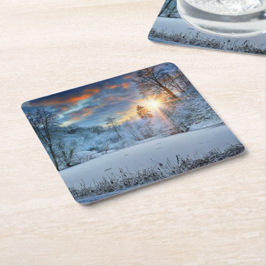 Sunset Over Winter Forest Lake Kartonnen Onderzetters (Schuin)