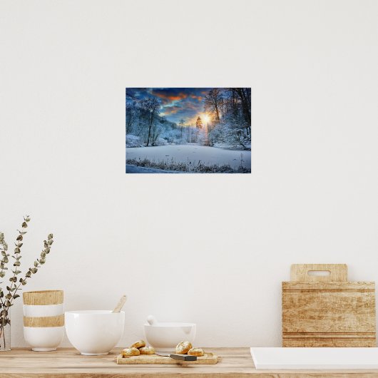 Sunset Over Winter Forest Lake Poster (Keuken)