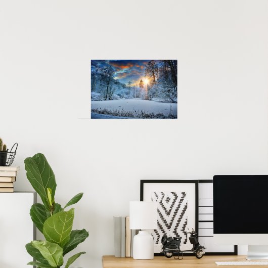 Sunset Over Winter Forest Lake Poster (Thuiskantoor)