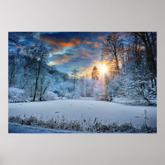 Sunset Over Winter Forest Lake Poster (Voorkant)