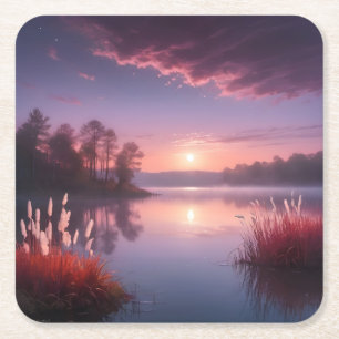 Sunset Paarse Lake Landschap Drie Kartonnen Onderzetters