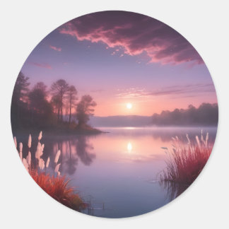 Sunset Paarse Lake Landschap Drie Ronde Sticker