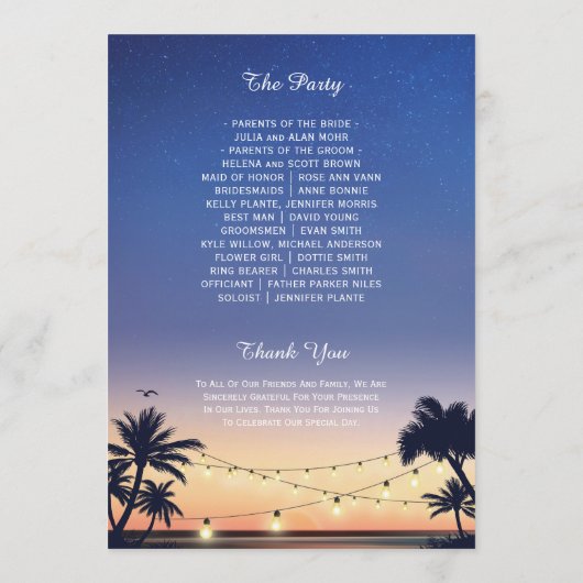 Sunset Palm Beach String Lights Wedding Programmakaart (Achterkant)