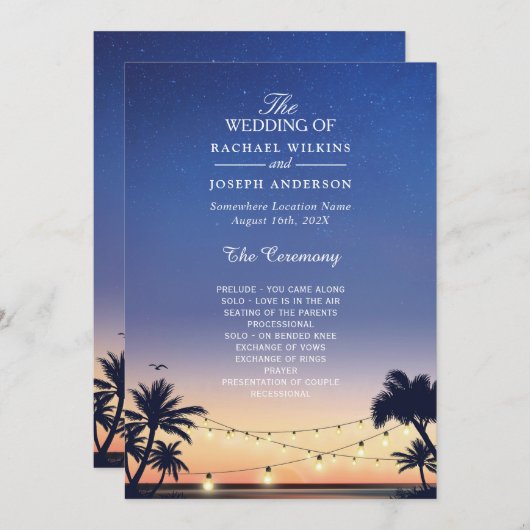 Sunset Palm Beach String Lights Wedding Programmakaart (Voorkant / Achterkant)